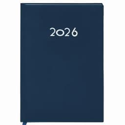 A 2026 diary in navy blue with a silver embossed cover. The diary features a ribbon marker and a logo.