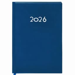 A planner in a deep blue cover, featuring the year "2026" on the front with a ribbon bookmark.