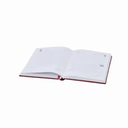 An open diary featuring white pages with lined sections, bound in a red cover. It has a logo on the front.