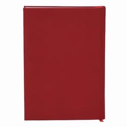 A red notebook with a smooth cover and a ribbon bookmark. It features a simple design and has no visible branding.