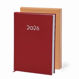 A red diary with the year 2026 embossed on the cover, alongside a beige notebook. Both have a simple design and are stacked.
