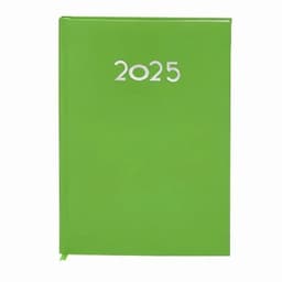 A green planner with a smooth cover, featuring the year "2025" printed in silver. It has a ribbon bookmark.