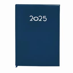 A navy blue planner with the year "2025" embossed on the cover and a ribbon bookmark.