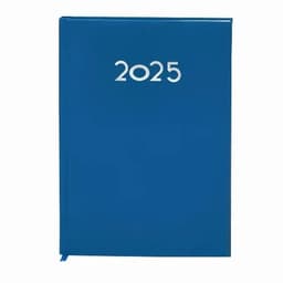 A blue planner for the year 2025 with a simple design and a matching bookmark ribbon.