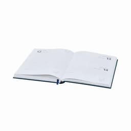 An open planner with lined pages and date markings, featuring a blue cover and ribbon bookmark.
