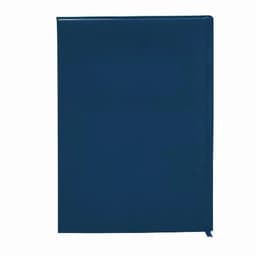 A navy blue notebook with a smooth cover and a ribbon bookmark, featuring a logo on the front.