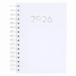 A spiral-bound notebook with a white cover featuring the year "2026" in a subtle design.