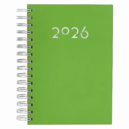 A green spiral-bound notebook with a silver embossed "2026" on the front cover.