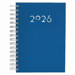 A blue spiral-bound notebook with a silver logo and the year "2026" prominently displayed on the cover.