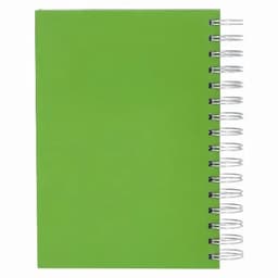 A green spiral-bound notebook with a plain cover and silver wire binding.