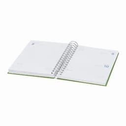A spiral-bound planner with a white interior and green accents, featuring open weekly layout pages.