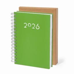 A green spiral-bound notebook with the year "2026" printed on the front, alongside a brown cover.