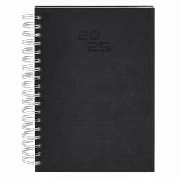A black spiral-bound notebook with a plain cover and the year "2025" embossed on the front.