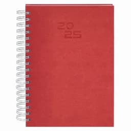 A red spiral-bound notebook with a textured cover, featuring embossed text for the year 2025.