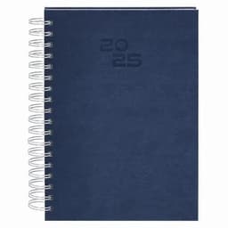 A navy blue spiral-bound notebook with the numbers "2025" embossed on the cover.