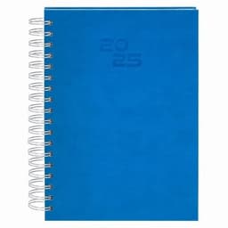 A blue spiral-bound notebook with the year "2025" embossed on the cover.