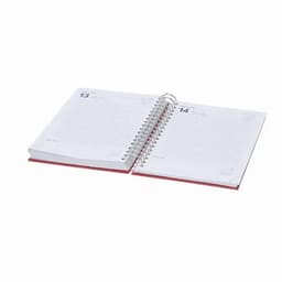 A spiral-bound diary featuring blank pages with numbers 13 and 14 at the top, in white and red colours.