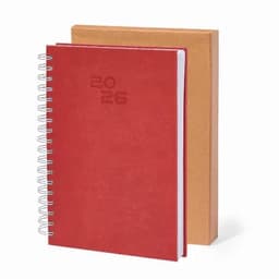 A red spiral-bound notebook with white pages, accompanied by a brown cardboard cover.