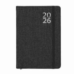 A dark grey notebook with a textured cover and a silver 2026 printed on the front. It features an elastic closure.