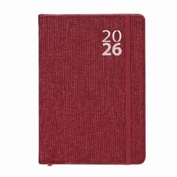 A maroon notebook with a textured cover and a pink elastic band, featuring the year 2026 on the front.