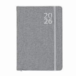 A grey notebook with a textured cover, featuring a white elastic band and a year printed on the front.