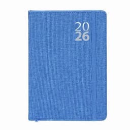 A blue notebook with a textured cover and a zipper, featuring the years 202 and 26 on the front.