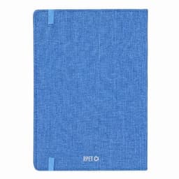 A blue notebook with a textured cover and a blue elastic band, featuring a logo at the bottom.