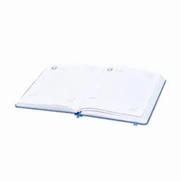 A planner with a blue cover, opened to reveal two blank pages. It features a logo on the cover.