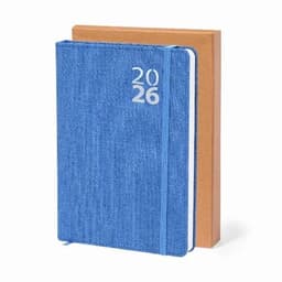 A blue planner for 2026 with a textured cover, placed next to a brown notebook. Both have elastic bands.