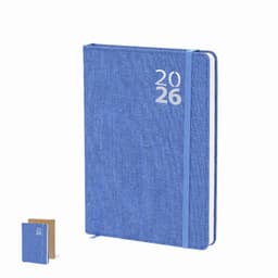 A blue planner with a textured cover and an elastic band, featuring the year 2026 on the front. A smaller notebook is also visible.