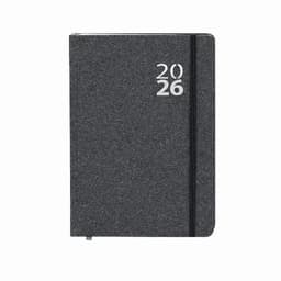 A grey notebook with a black elastic band, featuring the year "2026" on the cover. It has a simple design.