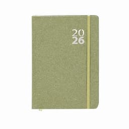 A green notebook with a textured cover, featuring the year 2026 and an elastic band closure.