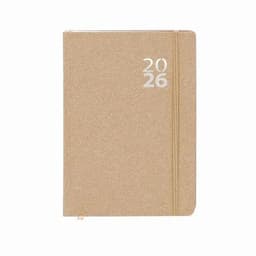 A notebook in a neutral brown shade with a textured cover and an elastic strap, featuring the year "2026" on the front.