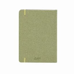 A notebook with a textured green cover, secured with elastic bands, featuring a small logo on the front.