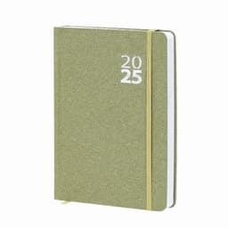 A green planner for 2025 with a textured cover and an elastic band closure. It features embossed numbers on the front.