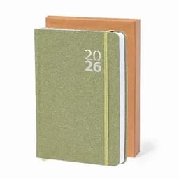 Two notebooks are displayed, one in olive green with a silver '2026' and the other in orange. Each has a textured cover.