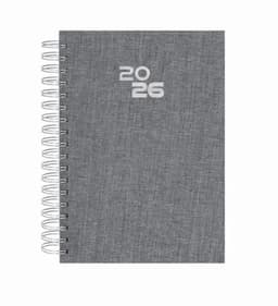 A grey spiral-bound notebook featuring the year "2026" on the cover. It has a textured finish.