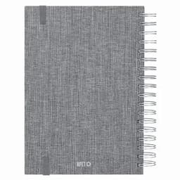 A grey spiral-bound notebook with a textured cover and an elastic band. It features a logo at the bottom.