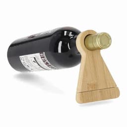 A drink bottle holder made of wood, holding a dark glass bottle with a gold cap.