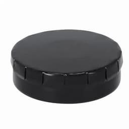 A black cap with ridged edges, featuring a smooth top surface and a round shape. It includes a small logo.