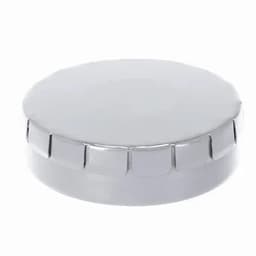 A drink bottle cap in silver, featuring a textured edge and a smooth top. It includes a branding logo.