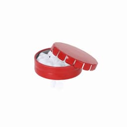 A red container with a lid, filled with white circular tablets, with two tablets outside the container.