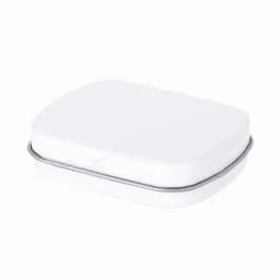 A white rectangular tin container with a grey rim, featuring a smooth, flat lid.