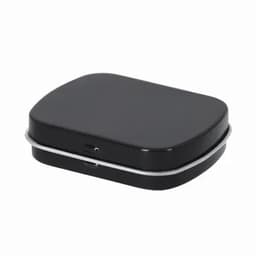 A black, rectangular tin with a hinged lid and silver trim. The tin has a smooth surface and a minimalistic design.