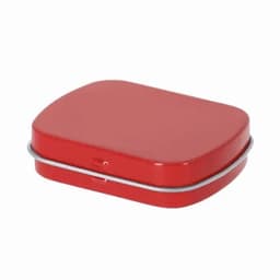 A red metal tin with a smooth surface and a slightly curved shape featuring a silver-coloured clasp.