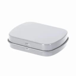 A silver rectangular tin with a smooth lid, featuring rounded edges and a hinge for opening.