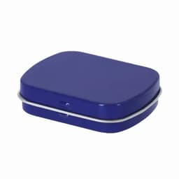 A small square tin with a blue finish and a silver rim. The lid is slightly raised.