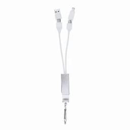 A charging cable with two connectors, featuring a retractable design and a keychain attachment, in white colour.