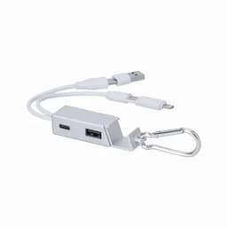 A charging cable with USB and Type-C connectors, featuring a carabiner for easy attachment. Predominantly white in colour.
