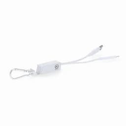 A white multi-purpose charging cable with a carabiner clip, featuring two connectors for charging devices.